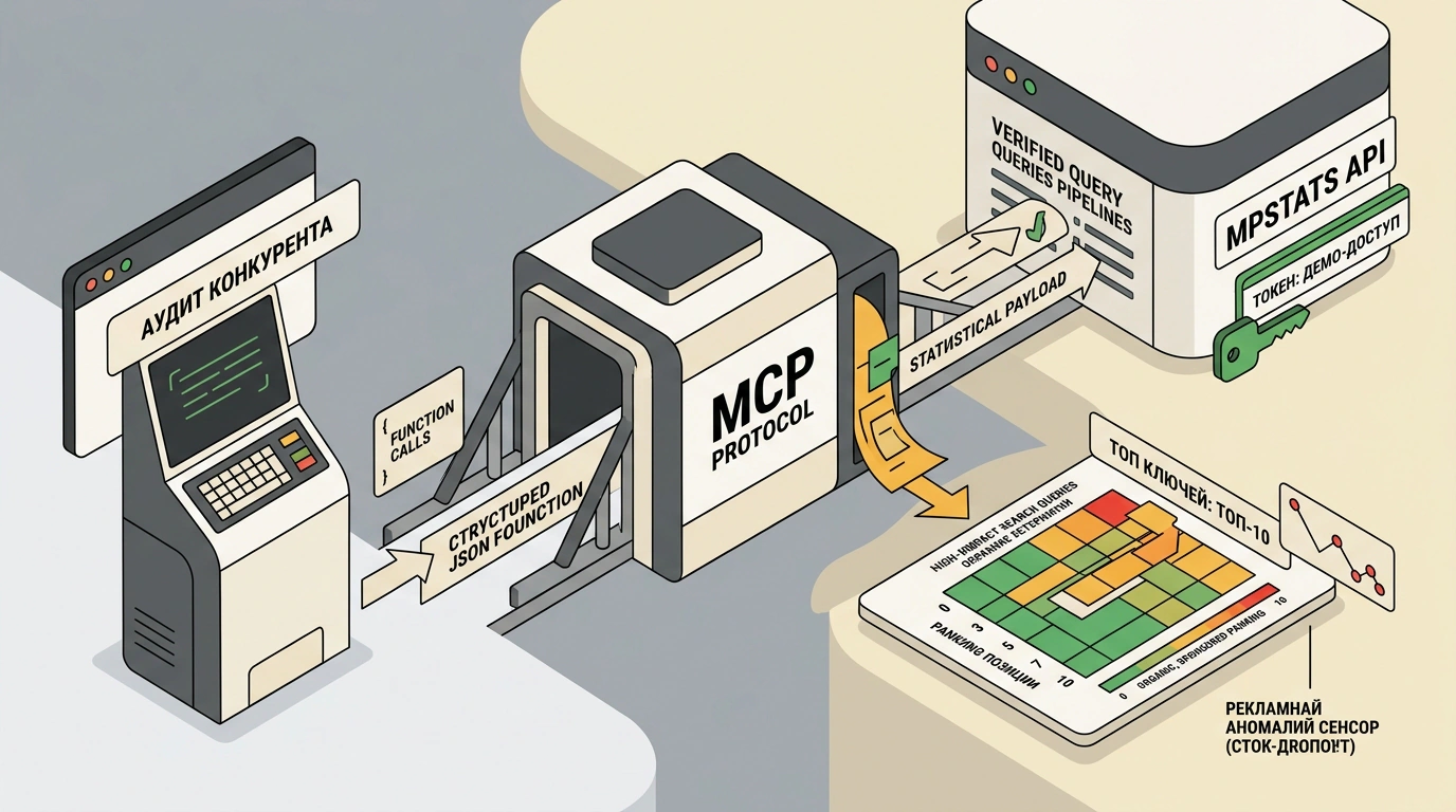 Концептуальная иллюстрация архитектуры MCP-протокола для интеграции внешних данных MPSTATS с AI-агентами для автоматического аудита конкурентов.