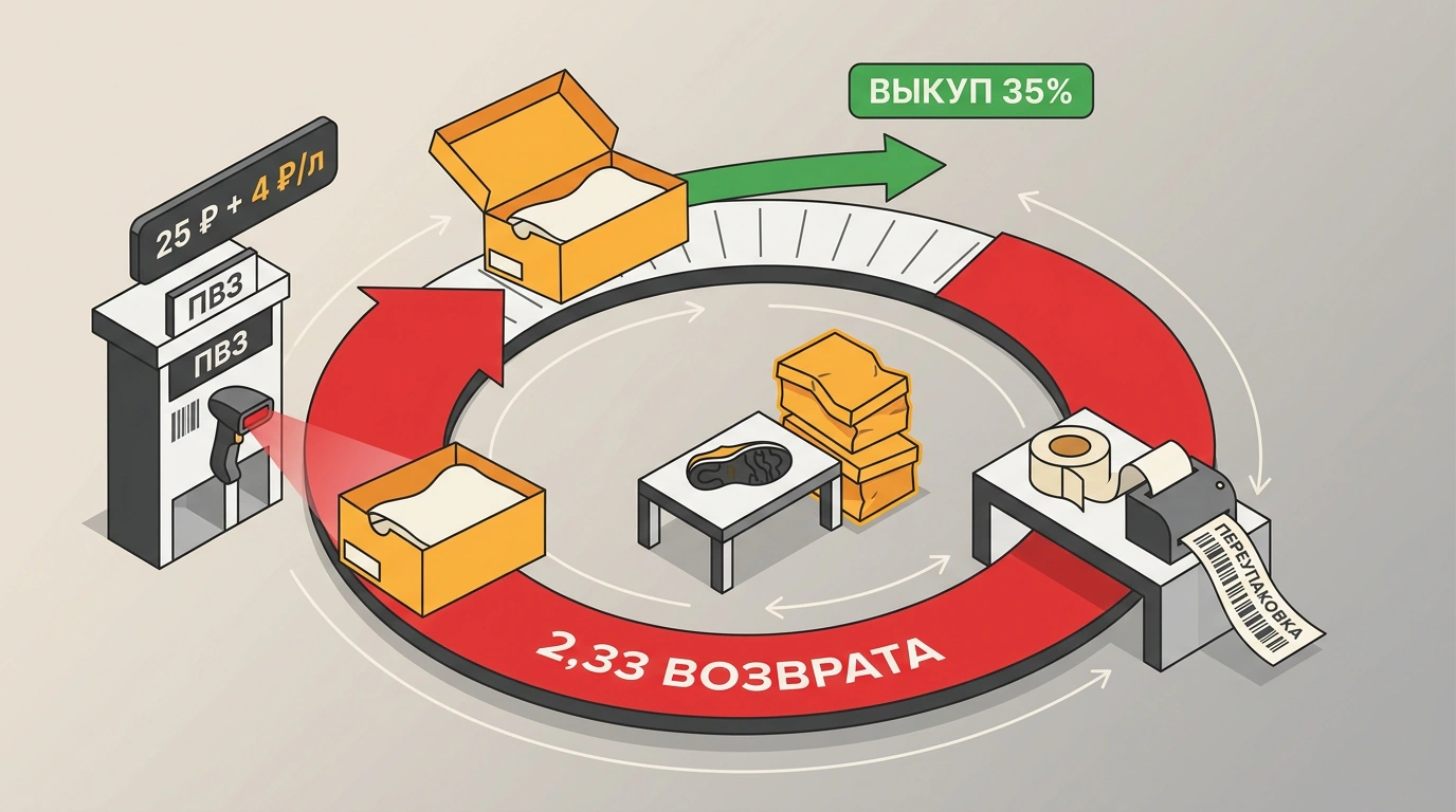 Инфографическая иллюстрация замкнутого цикла обратной логистики FBS, где возвраты обуви и одежды создают петлю непрерывных расходов на забор из ПВЗ и переупаковку.