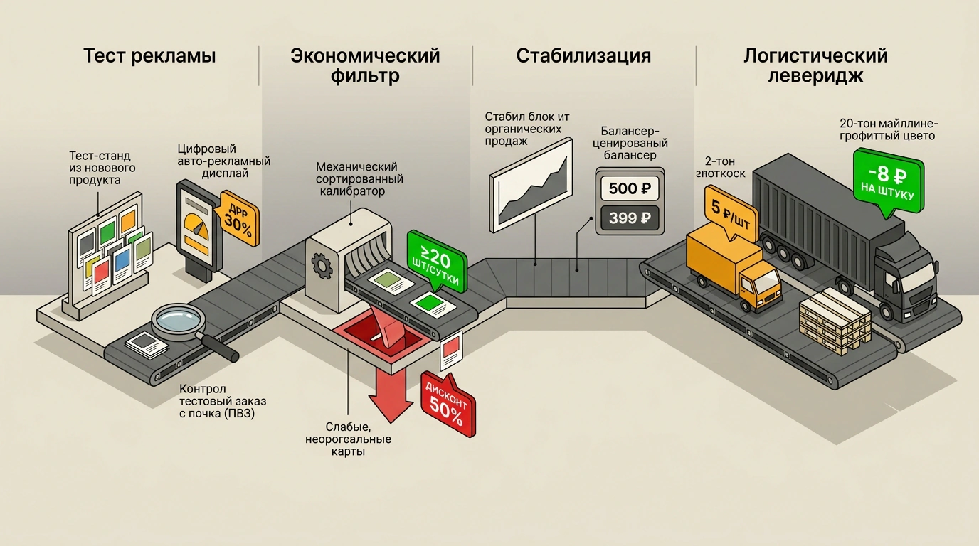 Изометрическая иллюстрация конвейера вывода новинок на маркетплейсе: от тестовой авторекламы и отсева слабых артикулов до масштабирования поставок еврофурами.