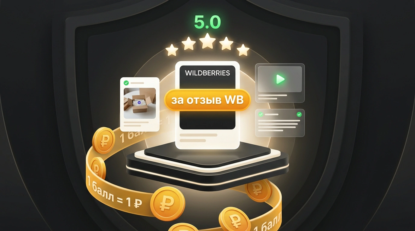 Изометрическая сцена карточки товара на Wildberries с растущим звездным рейтингом, рублевыми бонусами программы лояльности и элементами фото- и видеоотзывов.