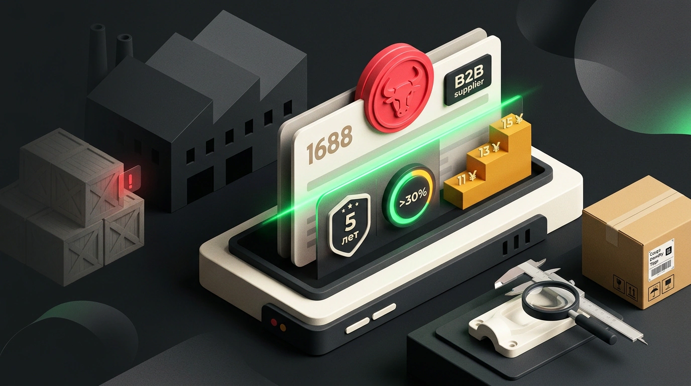 Концептуальная иллюстрация многослойного аудита фабрики на платформе 1688 со сканированием карточки поставщика, проверкой знаков надежности и оценкой образцов.
