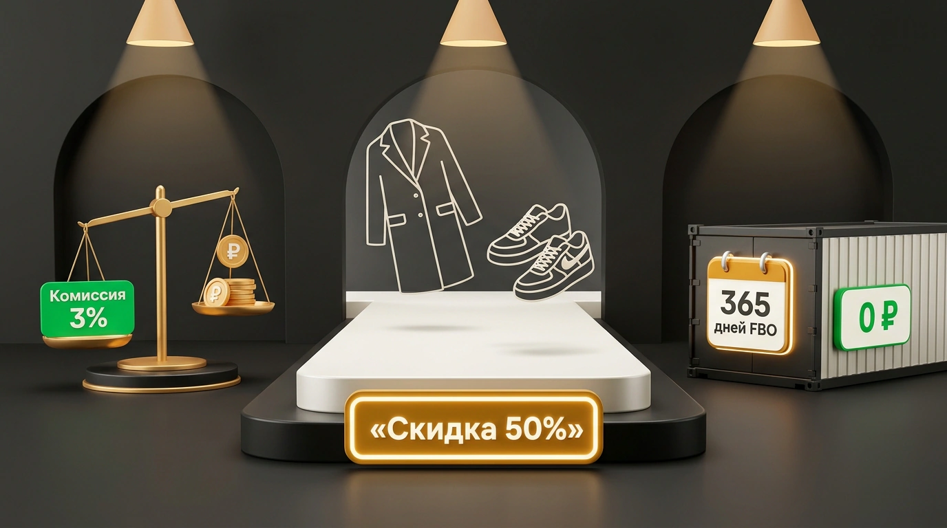 Иллюстрация программы поддержки fashion-селлеров Ozon: гарантированные скидки 50%, нулевой тариф на хранение 365 дней и компрессия комиссии до 3%.