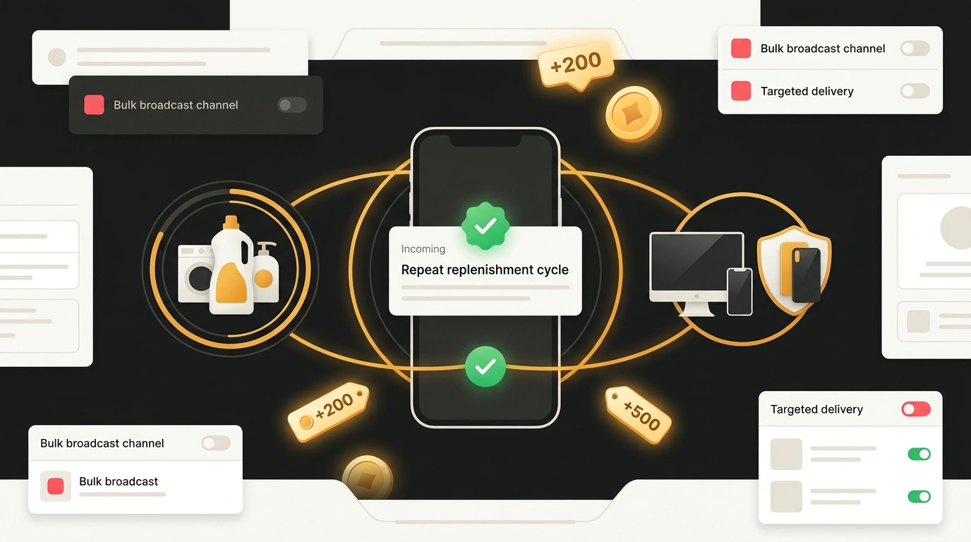 Автоматические триггерные рассылки маркетплейса: регулярные push-напоминания о пополнении запасов и сопутствующих покупках.