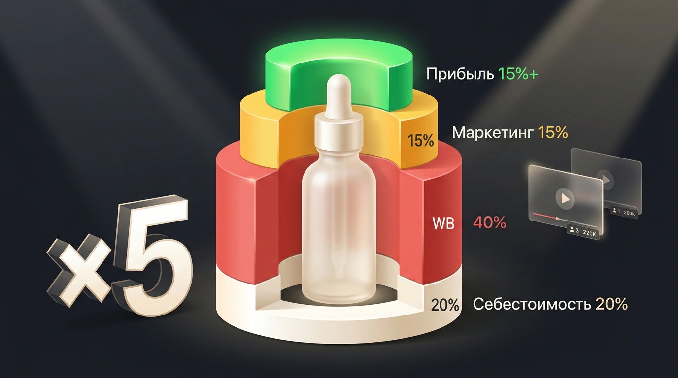 Трёхмерная декомпозиция наценки ×5 бренда косметики с раскладкой выручки на себестоимость, платформенные удержания, рекламу и чистую прибыль.