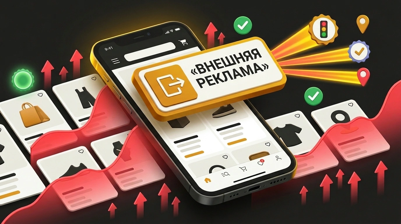Экран смартфона с баннером внешней рекламы клик-аут среди полок маркетплейса