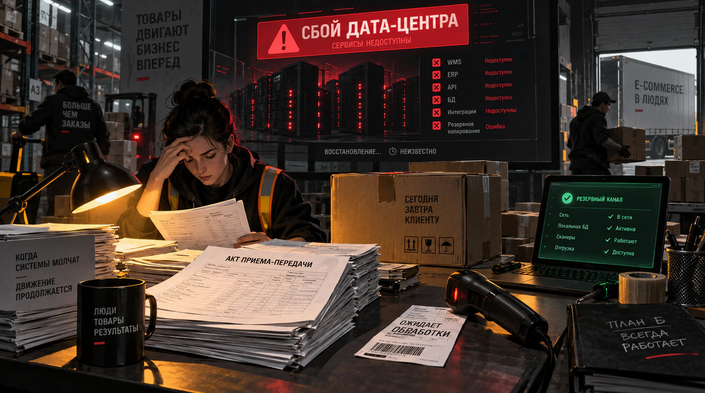 Диспетчерская зона склада с аварийным экраном сервера и бумажными актами приёма поставок Маркета
