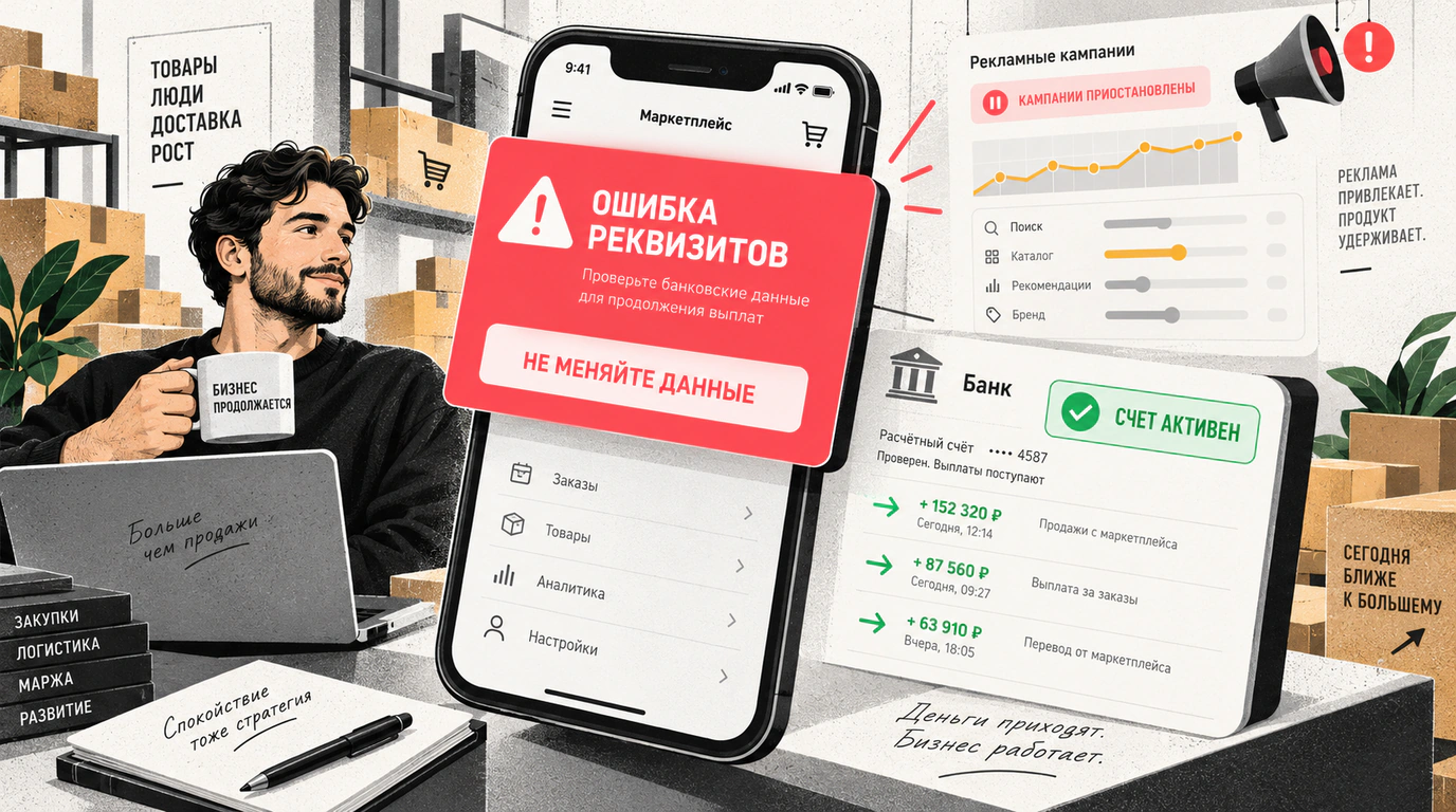 Экран мобильного кабинета селлера с ошибочным предупреждением о реквизитах на фоне стабильного расчётного счёта