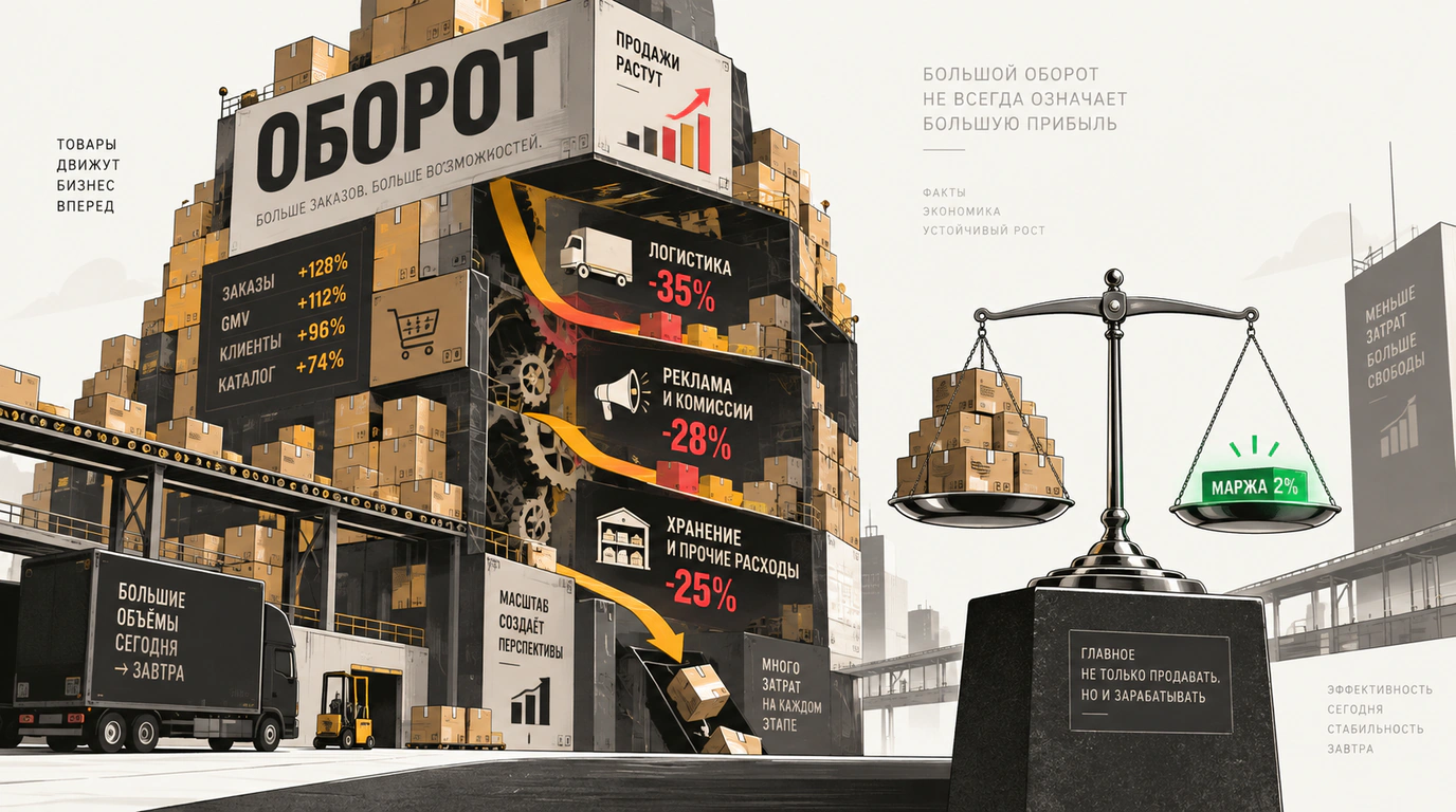 Огромная витрина оборота маркетплейса и точные весы, взвешивающие чистую маржу в два процента