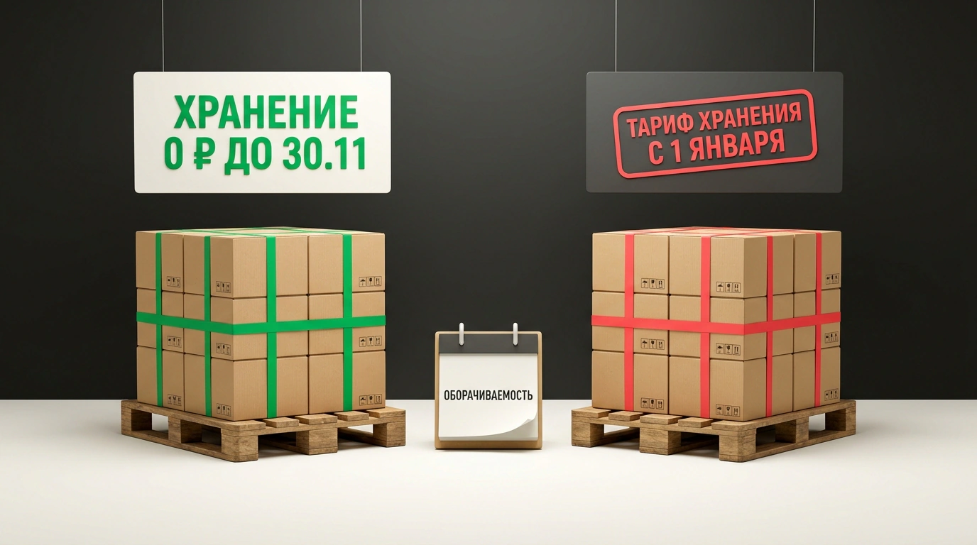 Дуэт двух складских паллет с индикаторами сезонного тарифа хранения и календарем