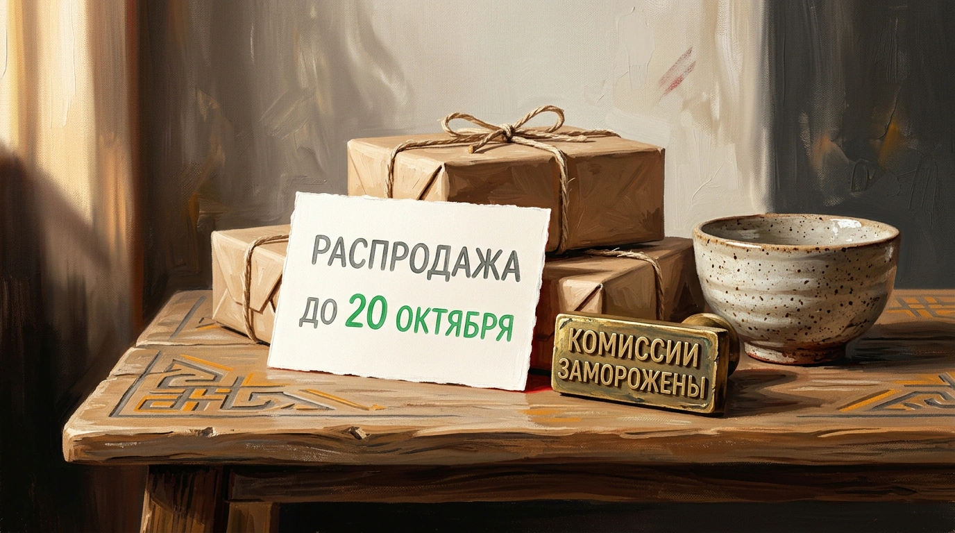 Стилизованный праздничный натюрморт с восточными мотивами, картонными посылками и календарем акции