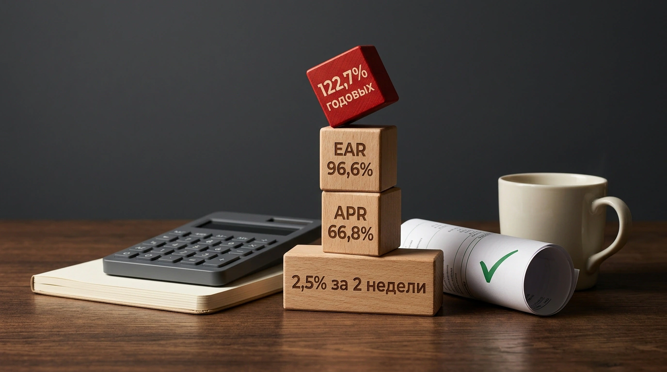 Калькулятор и деревянные кубики с расчетом эффективной ставки займа
