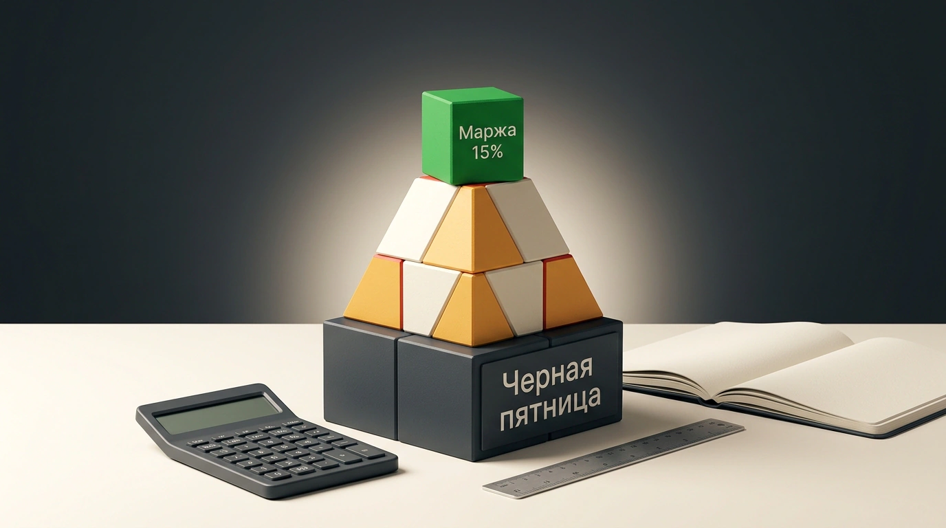 Конструкция из балансирующих геометрических брусков юнит-экономики с зеленым кубиком чистой маржи 15% на рабочем столе селлера маркетплейсов.