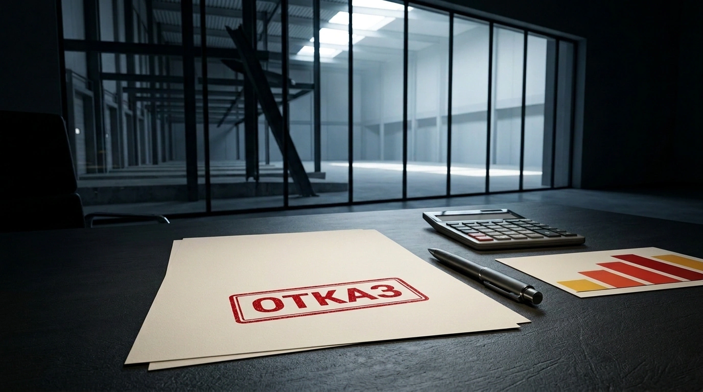 Банковский договор с красным штампом «ОТКАЗ» на фоне графиков скоринга и обгоревших балок разрушенного склада.