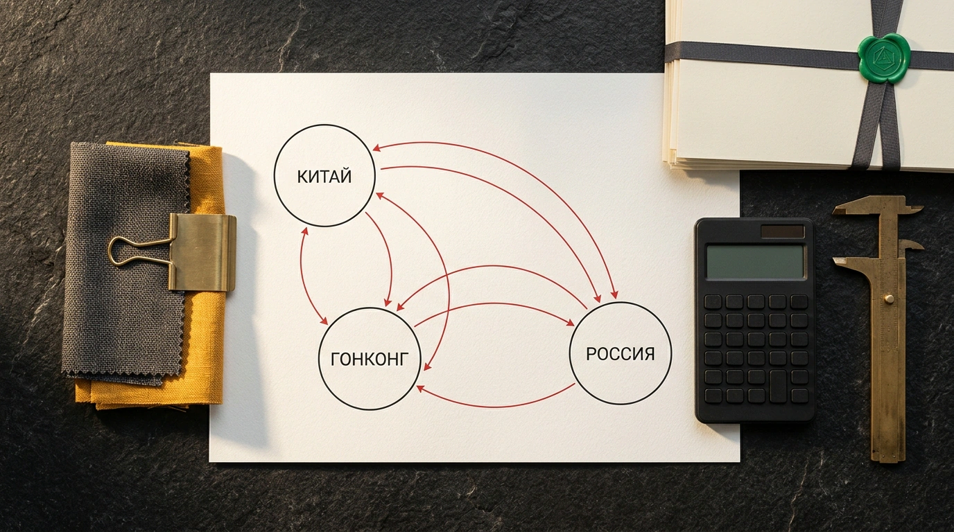 Деловая композиция с картой торговых маршрутов между Китаем, Гонконгом и Россией, образцами тканей и калькулятором на графитовом столе.