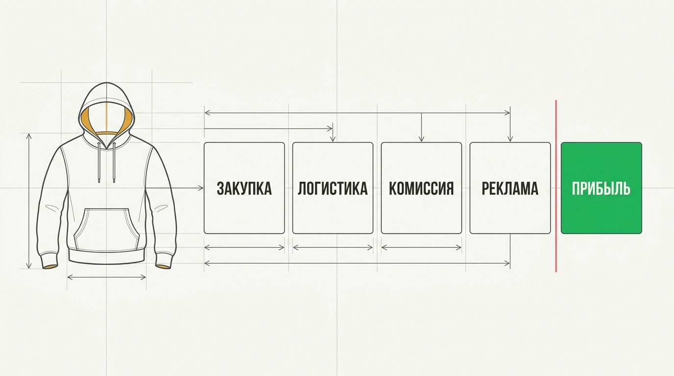 Инфографический чертёж разложения розничной цены толстовки на фабричную закупку, логистику, комиссии и чистую прибыль.