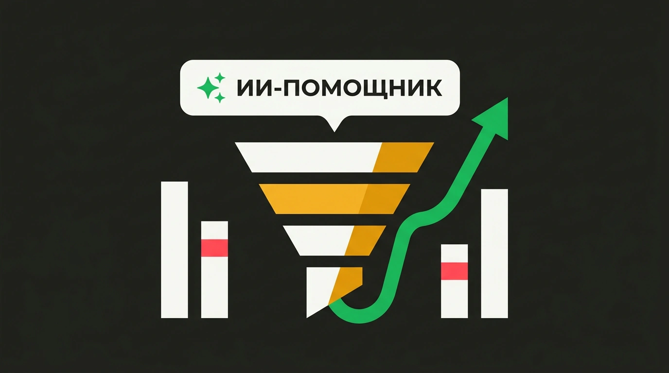 Журнальная векторная иллюстрация с воронкой продаж, диалоговым окном ИИ-ассистента и растущим графиком на графитовом фоне.