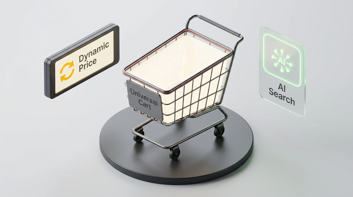Футуристический 3D-натюрморт сквозного ритейла: цифровая корзина покупок Universal Cart, объединяющая электронные ценники и карточки товаров.