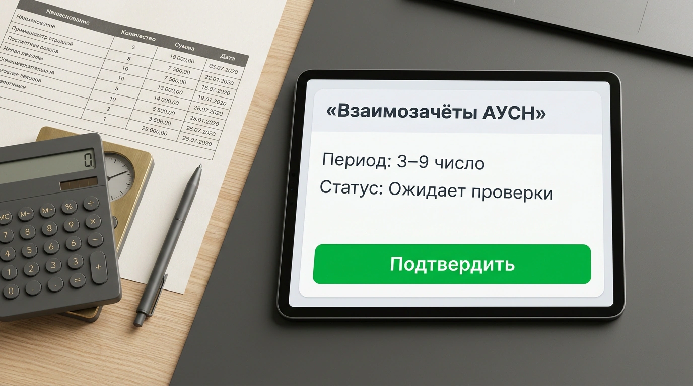Планшет с виджетом согласования взаимозачетов АУСН и бухгалтерские документы на рабочем столе