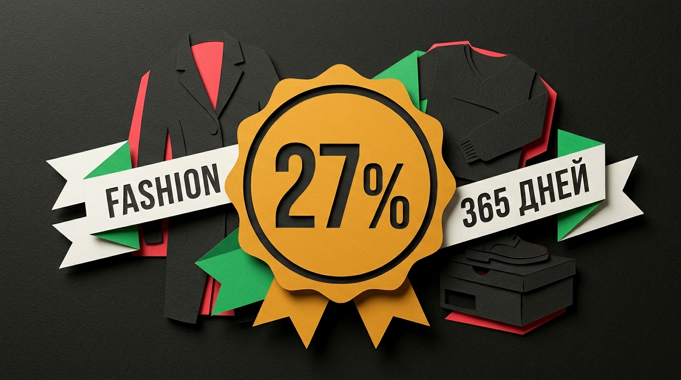 Бумажный коллаж со скидкой 27% на комиссию и годовым бесплатным хранением одежды на маркетплейсе