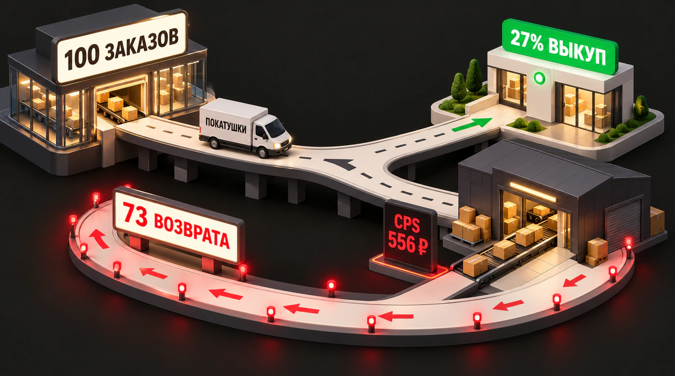 Инфографический 3D-разрез воронки заказов с грузовым фургоном на замкнутом маршруте и расщеплением потока на продажи и возвраты.