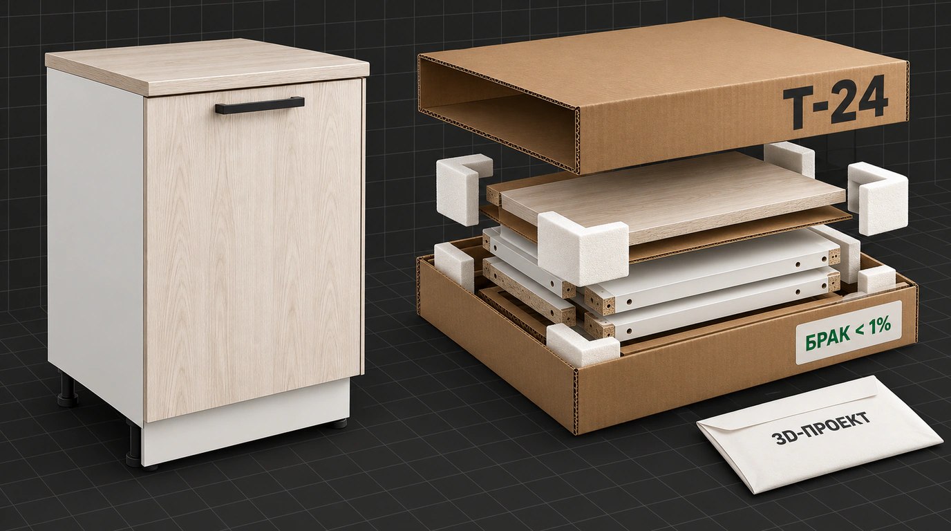 Инженерный изометрический чертеж и разобранная схема flat-pack упаковки мебельного модуля с демпферами из пенополиэтилена.