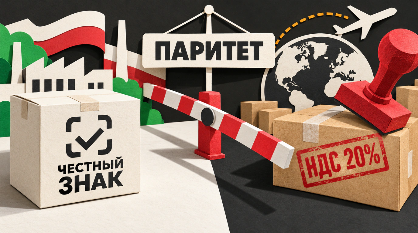 Бумажный коллаж с государственной таможенной границей, сканером штрихкода Data Matrix и штампом НДС 20% на посылках.