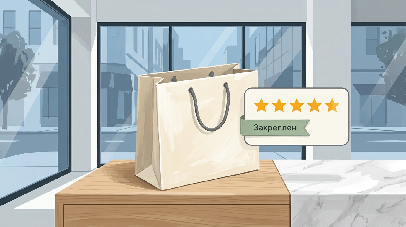 Витрина офлайн-магазина с фирменным пакетом выдачи заказа Click and Collect и карточкой отзыва