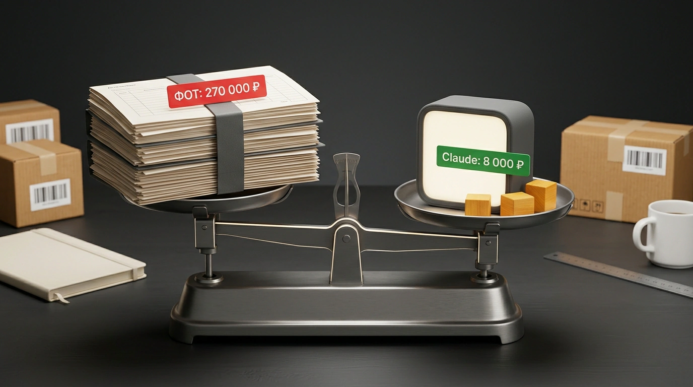 Предметный натюрморт на столе селлера: чашечные весы со стопкой документов команды на 270 000 ₽ и компактным модулем Claude на 8 000 ₽ среди образцов товаров и коробок маркетплейса.