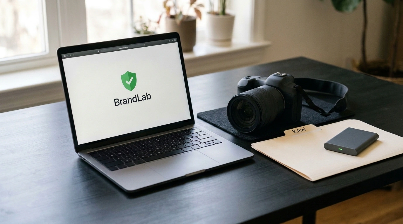 Рабочее место селлера с ноутбуком Ozon BrandLab, фотоаппаратом и папкой авторских прав RAW