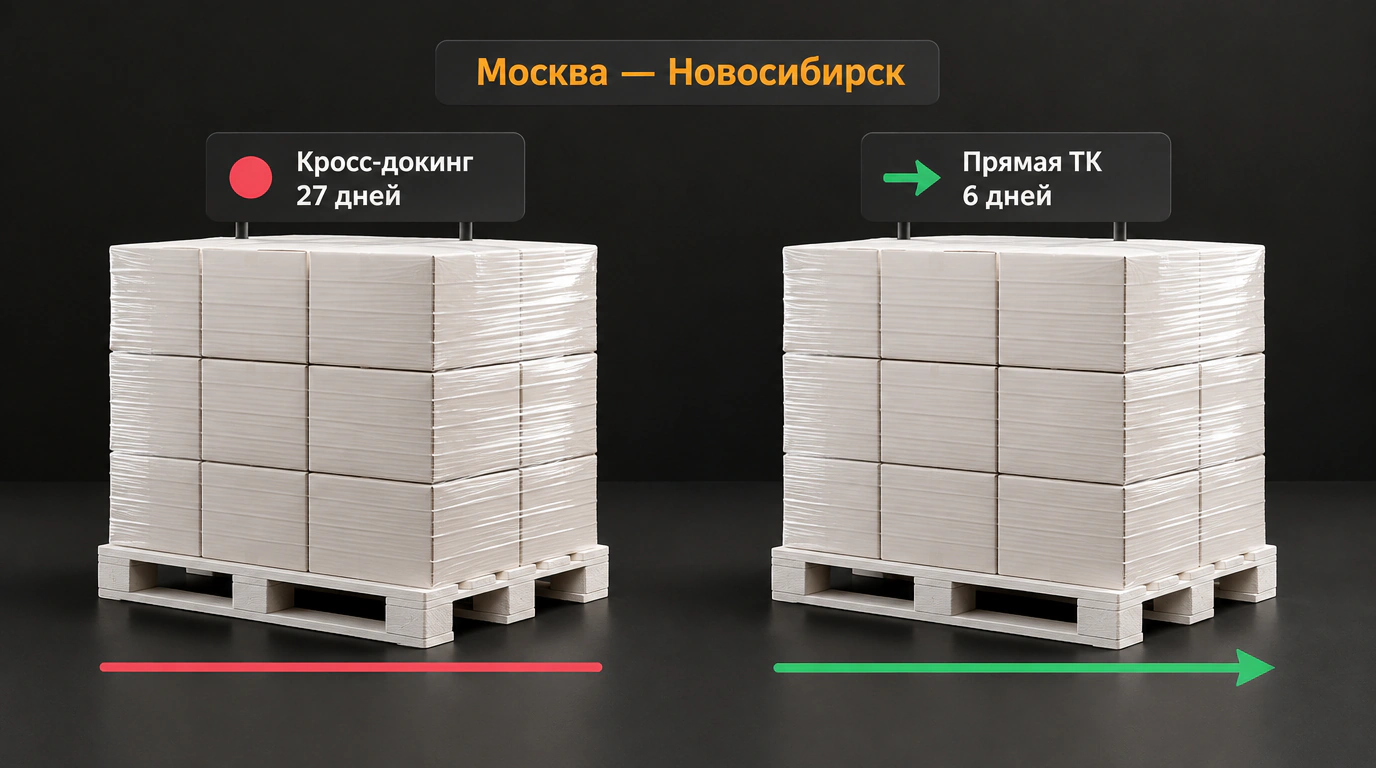 Концептуальный предметный натюрморт с двумя европалетами на графитовом фоне, сравнивающий сроки доставки по маршруту Москва — Новосибирск через кросс-докинг Ozon и прямую транспортную компанию.