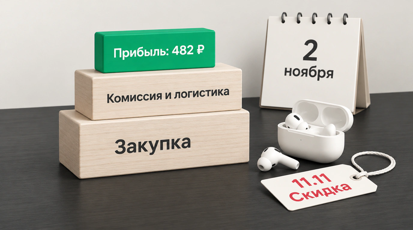 Натюрморт сбалансированных дубовых брусков юнит-экономики товара на Яндекс Маркете с наушниками и ценником сезонной скидки.