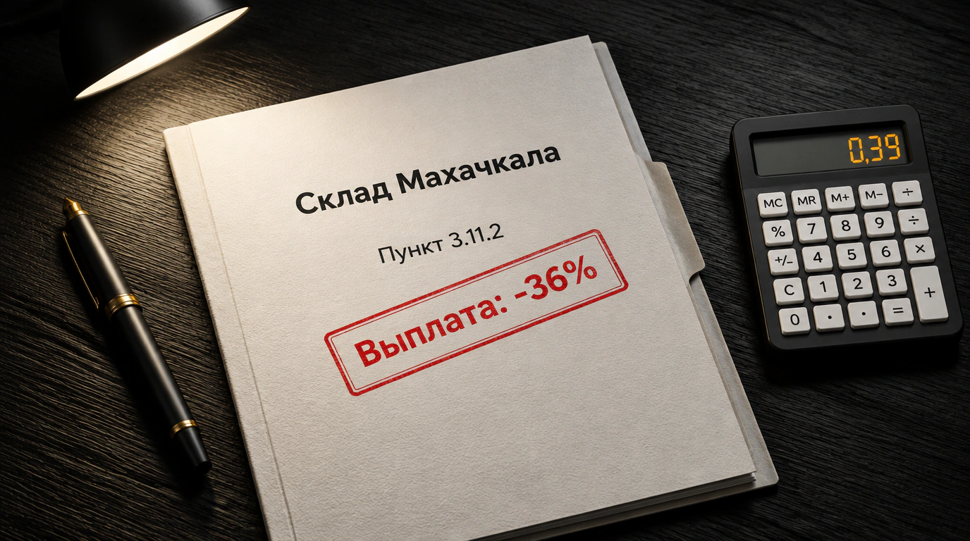 Предметный натюрморт с папкой страхового дела склада в Махачкале, красной печатью снижения выплат на 36% и калькулятором.