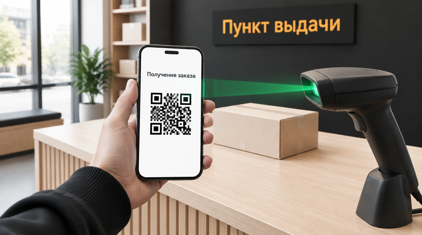 Кадр от первого лица в пункте выдачи Ozon со сканированием QR-кода на смартфоне для получения посылки стороннего интернет-магазина.