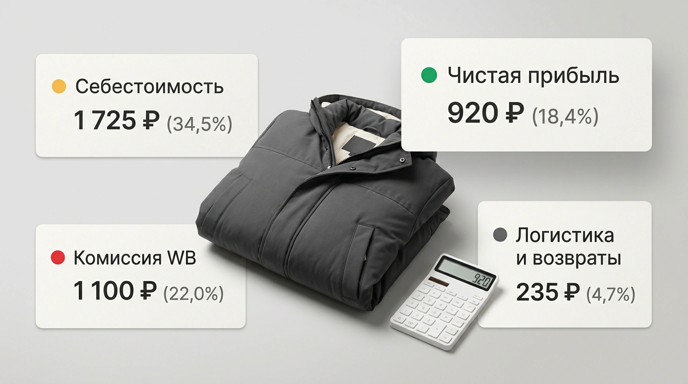 Студийная взрыв-схема юнит-экономики теплой зимней куртки с карточками долей расходов