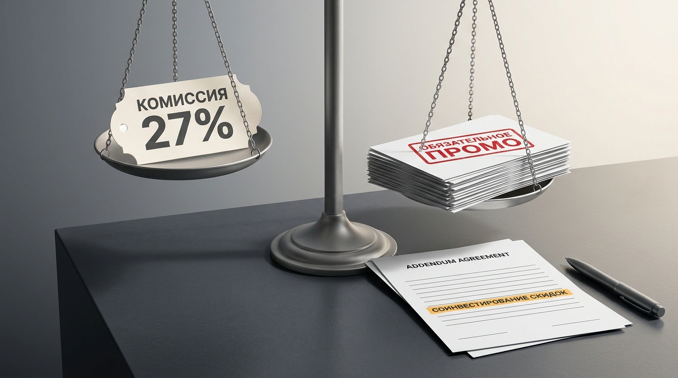 Концептуальный натюрморт с весами, процентной плашкой 27% и договором с красной печатью