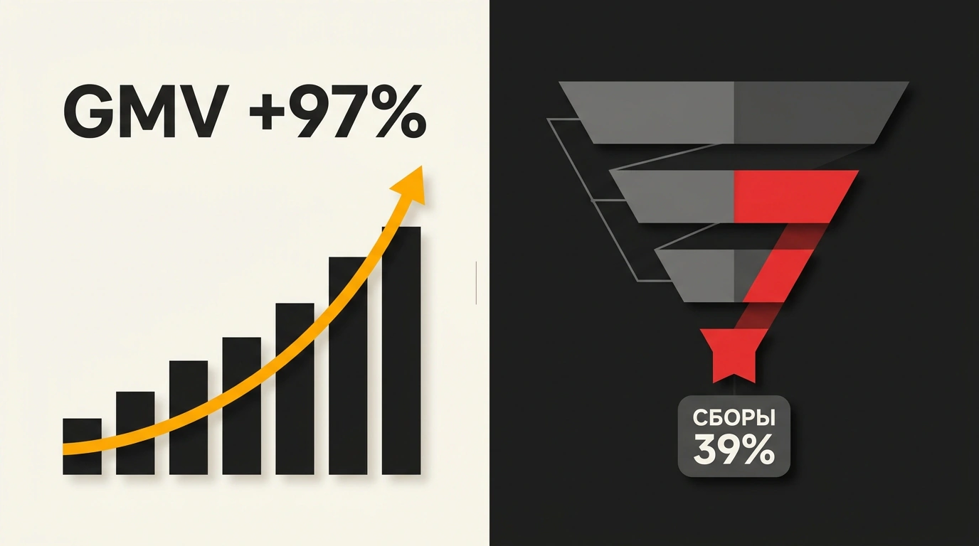 Разделенный экран аналитики маркетплейса с рекордным оборотом 97% и удержанием маржи 39%