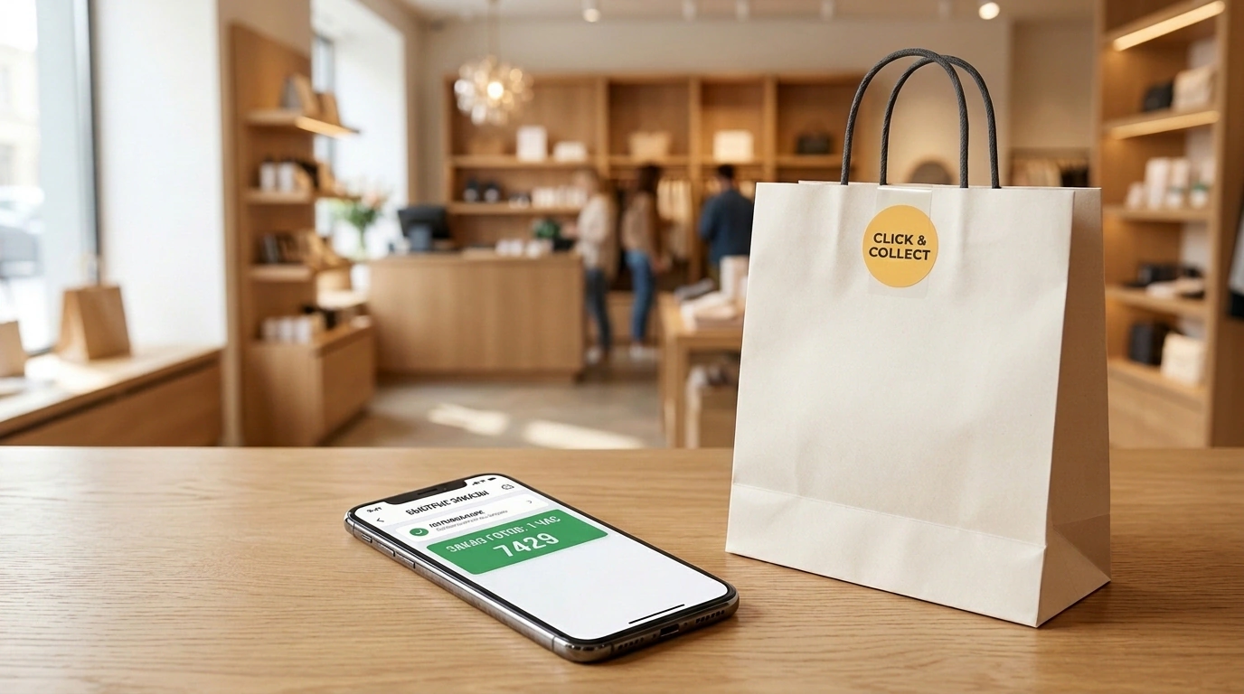 Композиция сервиса Click and Collect со смартфоном, выдачей заказа в магазине и витриной