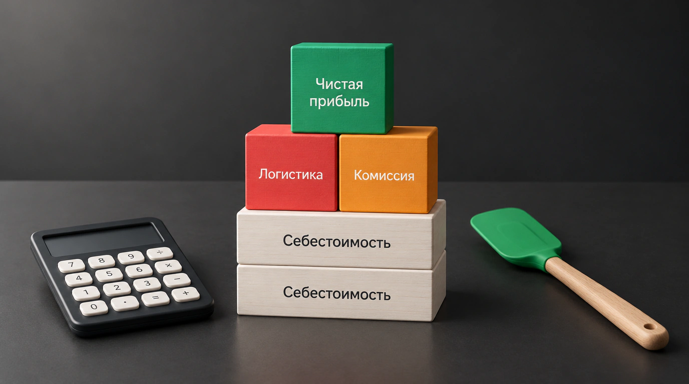 Натюрморт из геометрических брусков юнит-экономики на графитовом столе рядом с калькулятором и силиконовой лопаткой.