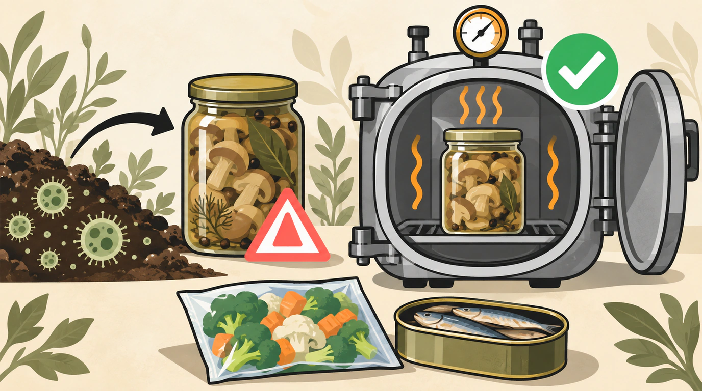 Иллюстрация о безопасности продуктов: домашняя банка грибов рядом с почвой и предупреждающим знаком, а рядом промышленный автоклав с банкой, индикатором контроля, замороженными овощами и рыбными консервами.