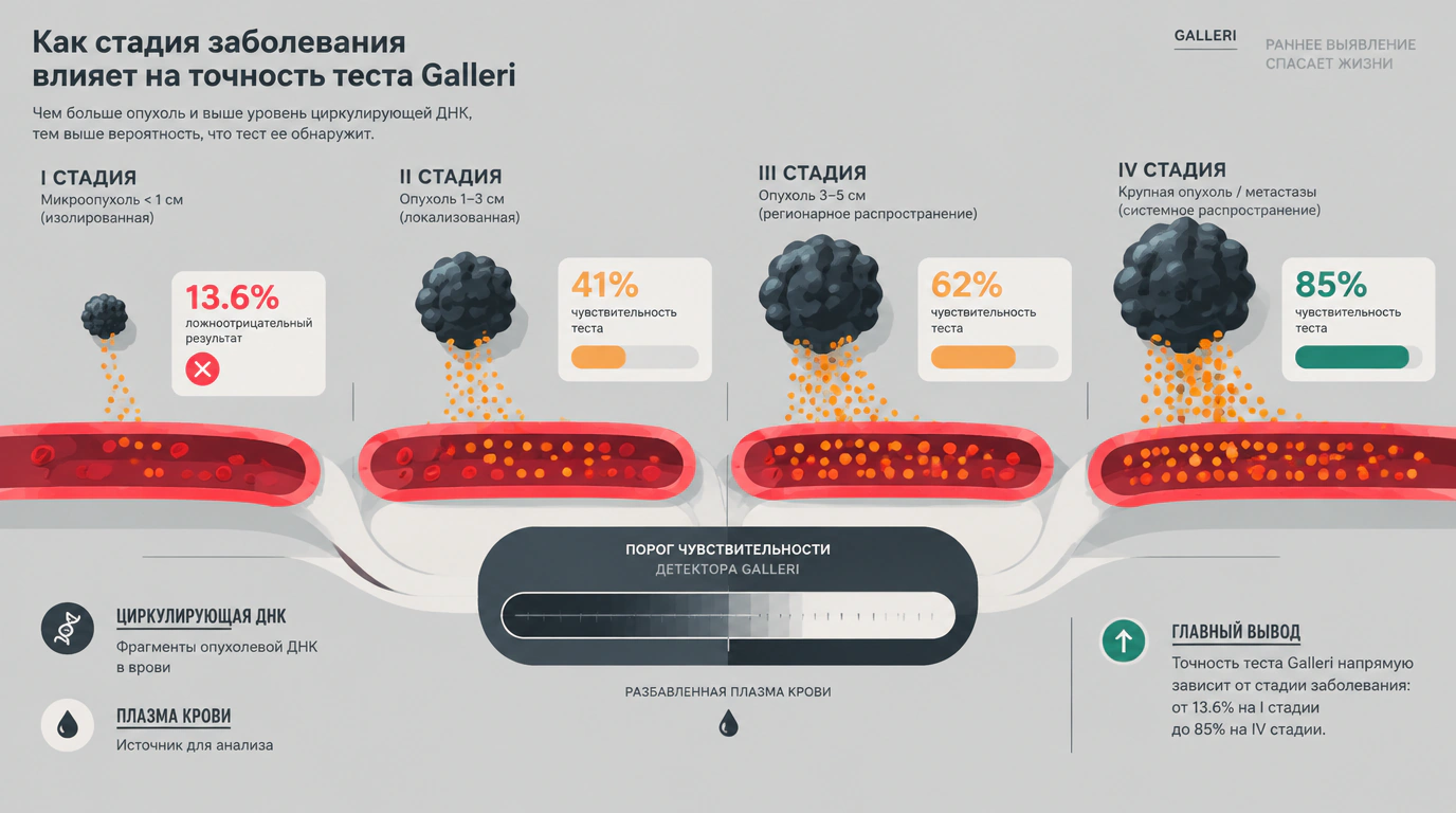 Инфографическая иллюстрация падения чувствительности онкологического теста Galleri с 85% на IV стадии до 13.6% на I стадии из-за низкой концентрации внеклеточной ДНК микроопухоли.