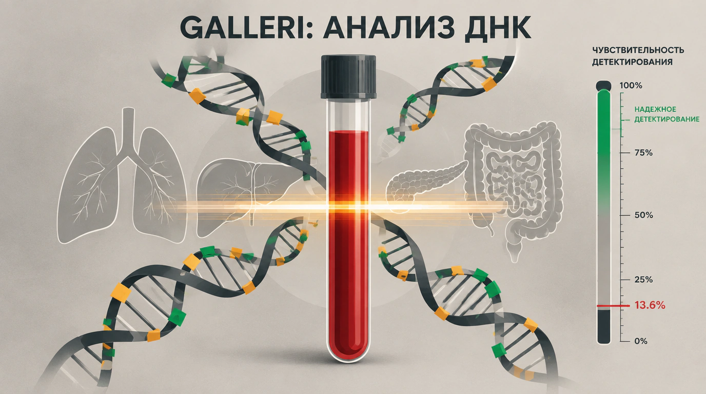 Концептуальная иллюстрация теста Galleri: пробирка с кровью и фрагментами метилированной ДНК на фоне силуэтов внутренних органов и диагностических шкал.