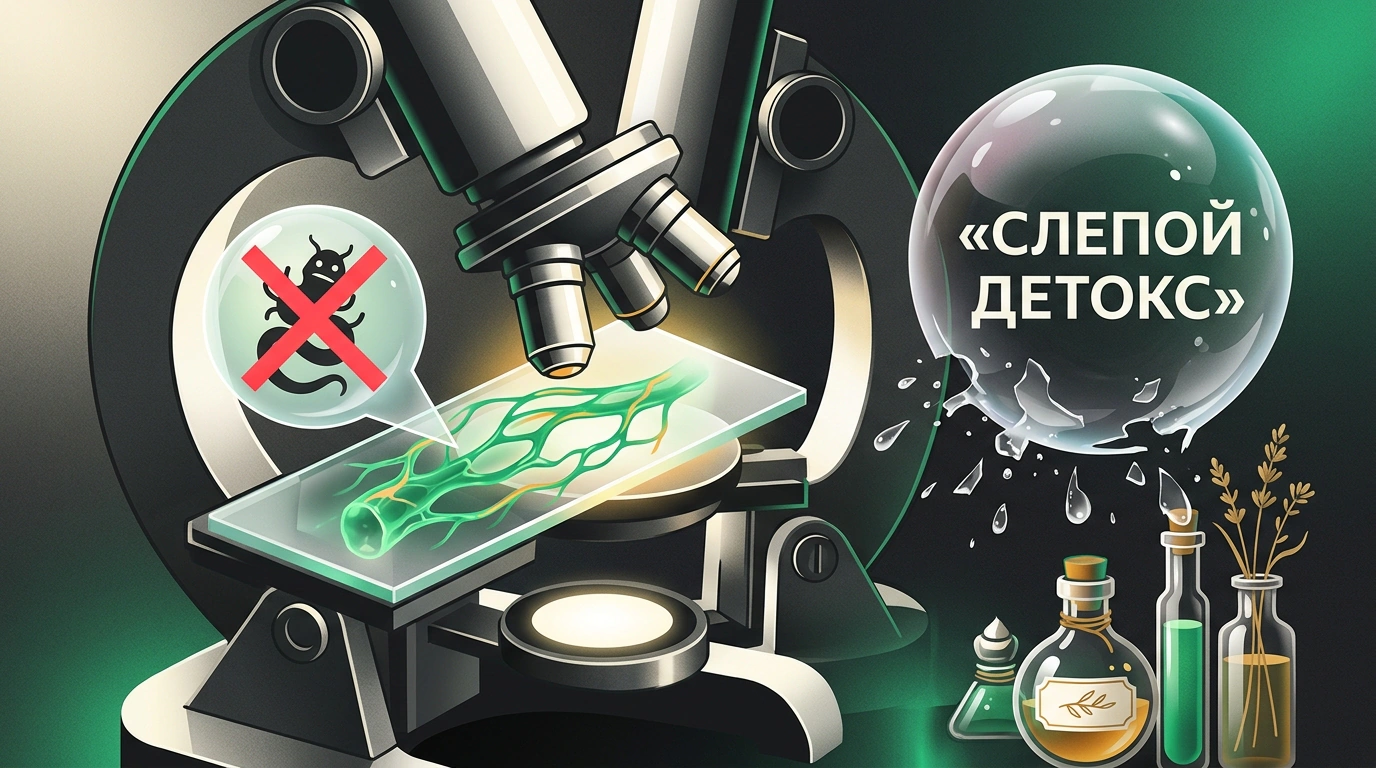 Концептуальная иллюстрация разоблачения мифа о паразитах в лимфатической системе с микроскопом и лопнувшим пузырем детокса