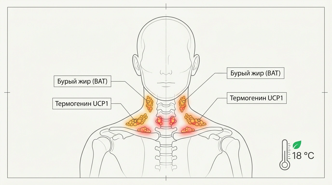 Инфографический анатомический чертёж шейно-воротниковой зоны с выделенными тёплыми очагами бурого жира и термометром