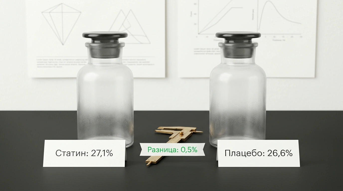 Инфографический лабораторный натюрморт с двумя одинаковыми стеклянными аптечными флаконами со статином и плацебо и карточками точных клинических данных.