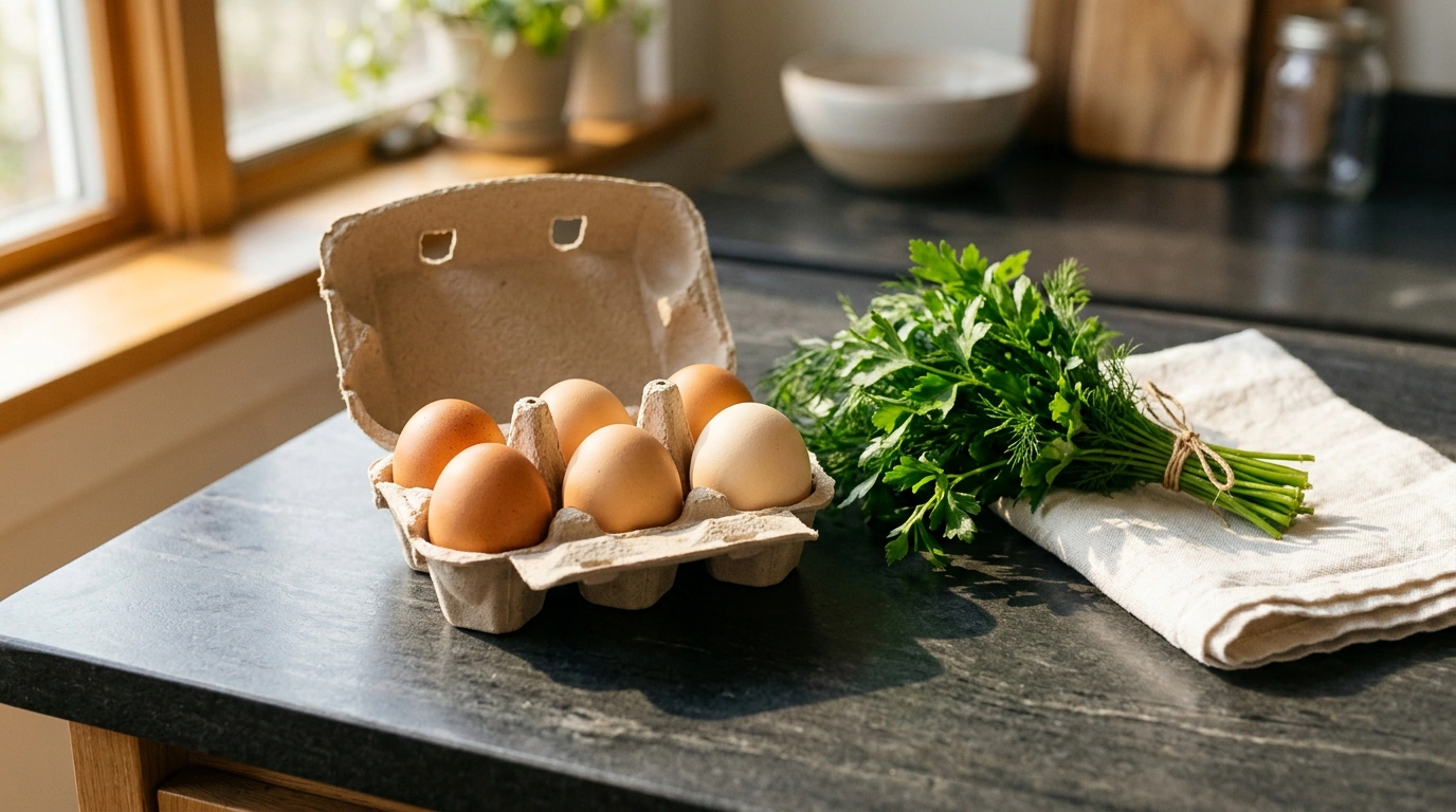 Минималистичный натюрморт с куриными яйцами в картонном лотке и свежими веточками зелени в лучах утреннего солнца