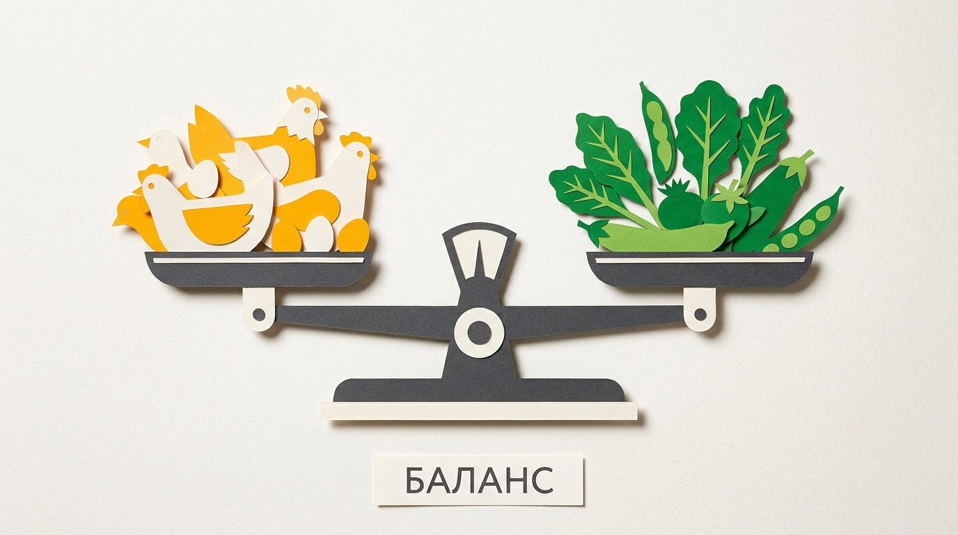 Художественный бумажный коллаж с аптечными весами, чашами баланса и силуэтами цельных продуктов